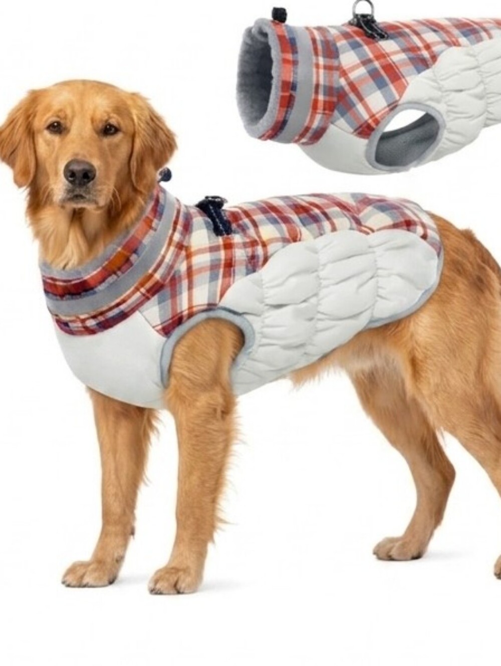 Classic Red Plaid & Cream Quilted Dog Coat - Cozy Winter Jacket